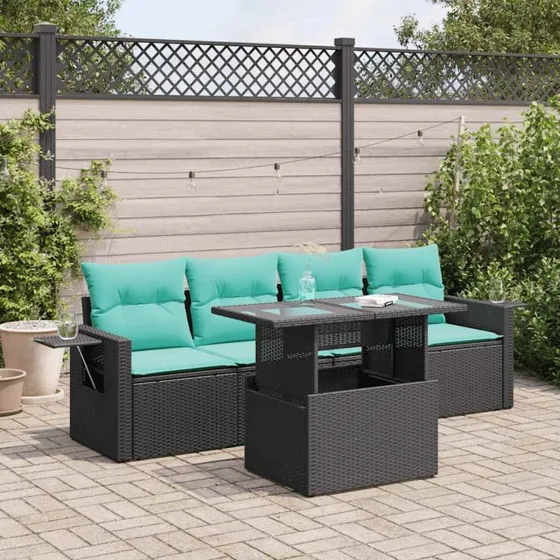 vidaXL 5-delssofasæt med hynder, polyrattan akacietræ, sort