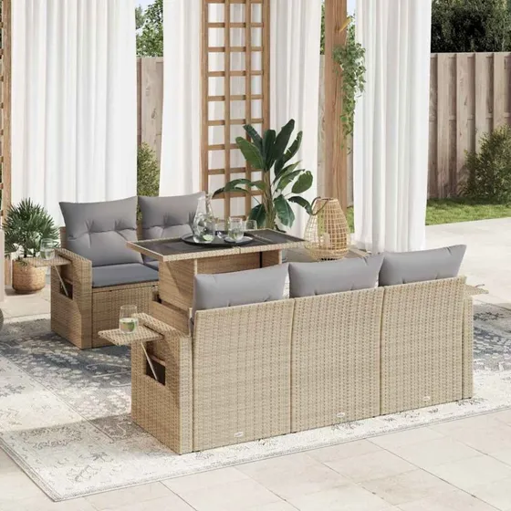 vidaXL 6-delssofasæt med hynder, polyrattan beige