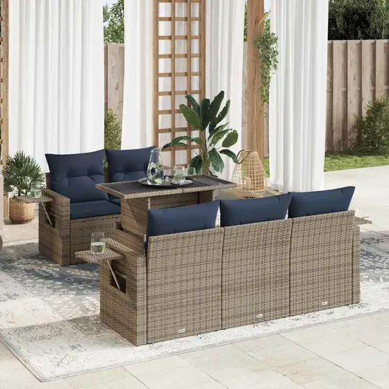 vidaXL 6-delssofasæt med hynder, polyrattan grå