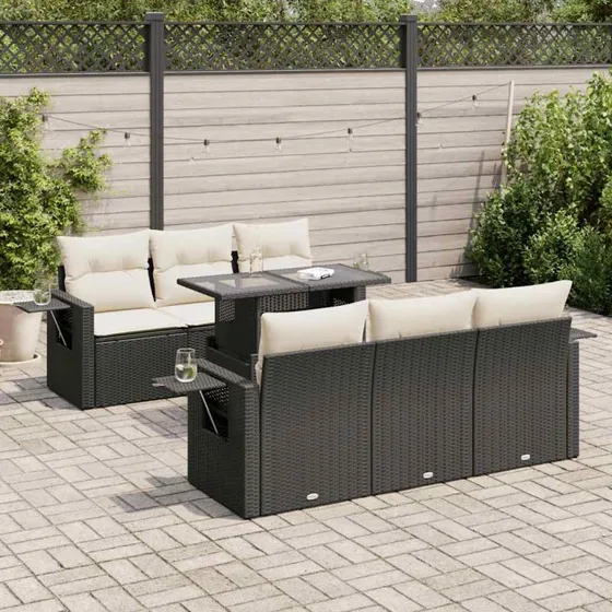 vidaXL 7-deles havesofasæt med hynder, polyrattan, sort