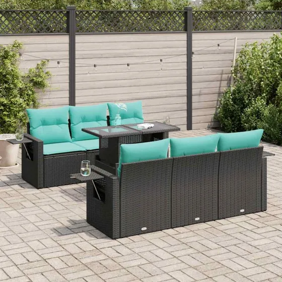 vidaXL 7-delssofasæt med hynder, polyrattan, sort