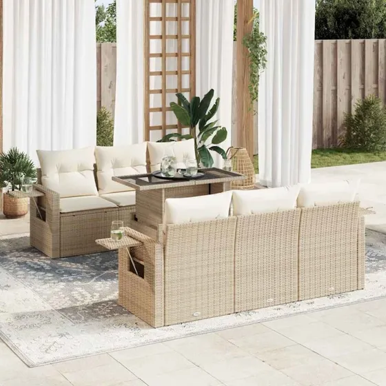 vidaXL 7-deles havesofasæt med hynder i polyrattan beige