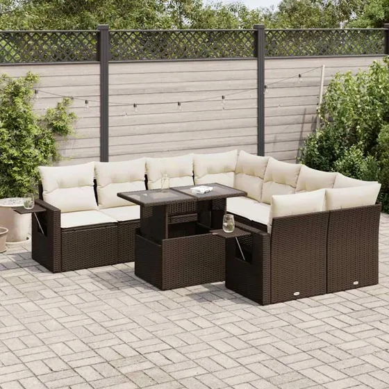 vidaXL 9-delssofasæt med hynder i polyrattan brun