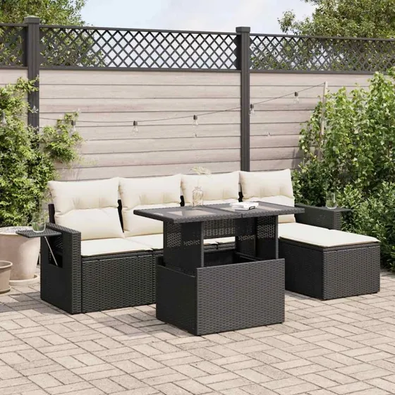 vidaXL 6-deles havesofasæt med hynder, polyrattan sort