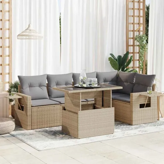 vidaXL 6-delssofasæt med hynder, polyrattan beige