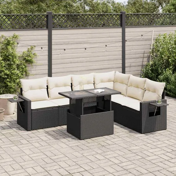 vidaXL 7-delssofasæt med hynder, polyrattan sort