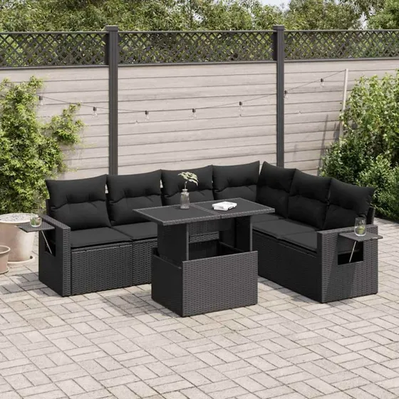 vidaXL 7-delssofasæt med hynder, polyrattan, sort