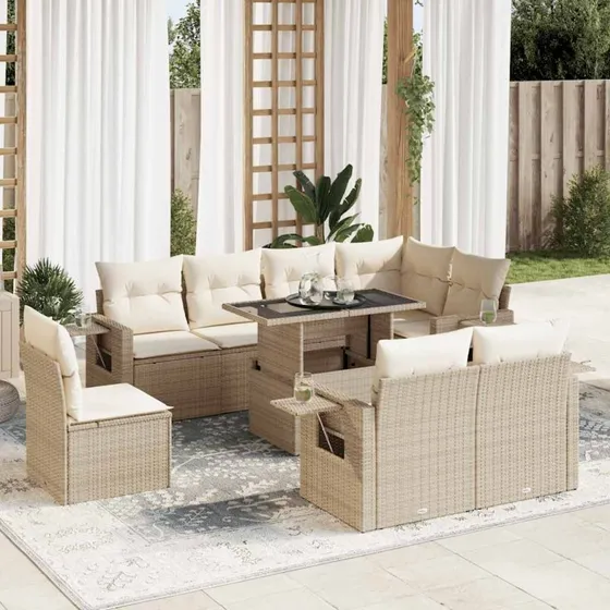 vidaXL 9-deligt polyrattan sofasæt med hynder, beige