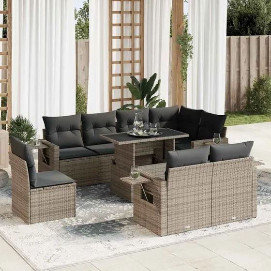 vidaXL 9-deligt sofasæt med hynder, polyrattan grå