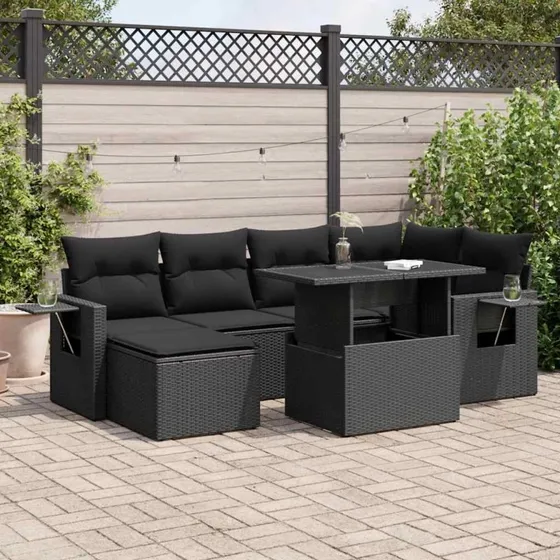 vidaXL 7-deles havesofasæt med hynder, polyrattan, sort