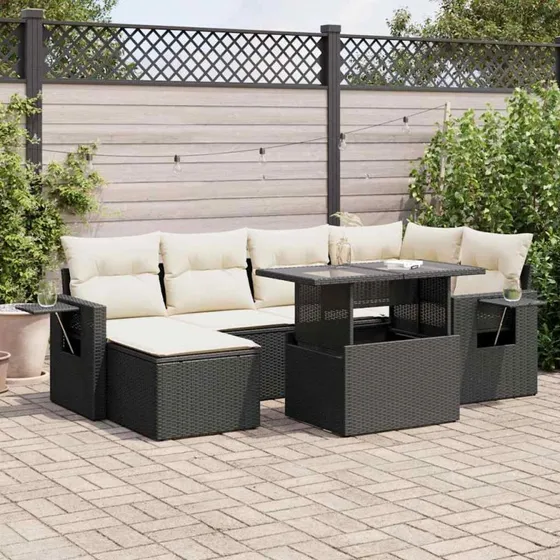 vidaXL 7-deles havesofasæt med hynder, polyrattan, sort