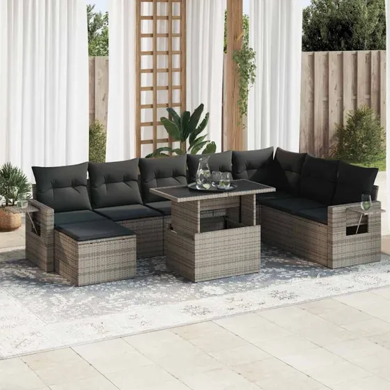 vidaXL 9-delssofasæt med hynder i polyrattan grå