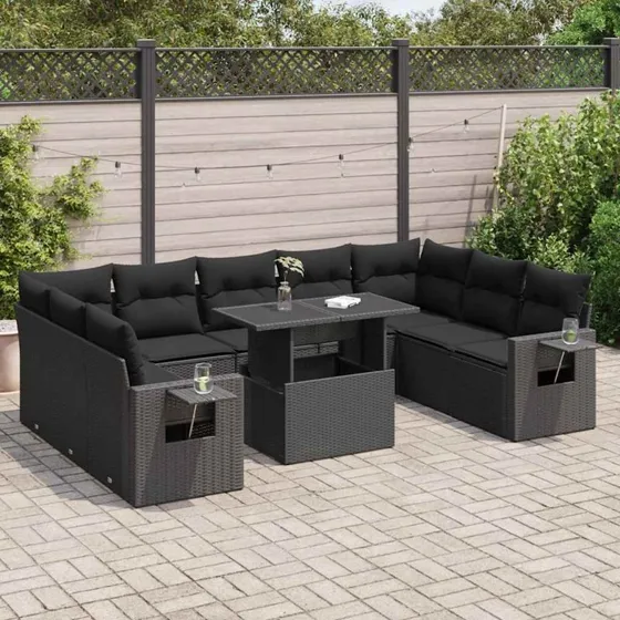 vidaXL 10-deligt polyrattan sofasæt med hynder, sort