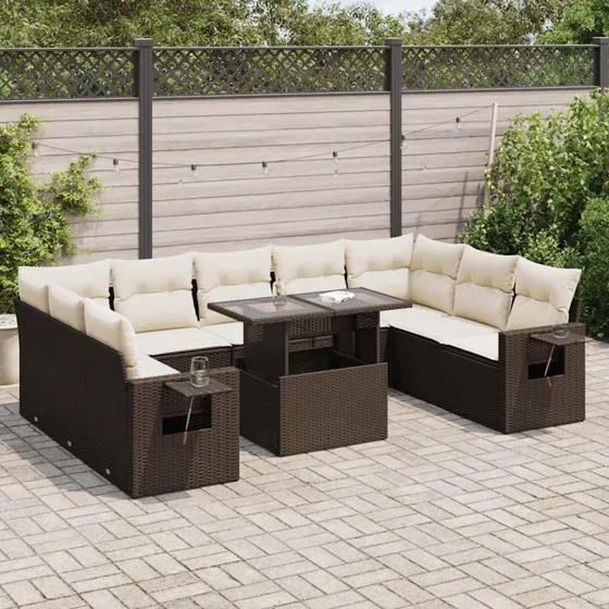 vidaXL 10-delssofasæt med hynder i polyrattan brun