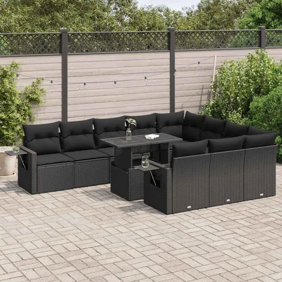 vidaXL 11-delssofasæt med hynder, polyrattan sort