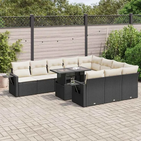 vidaXL 11-delssofasæt med hynder i polyrattan sort