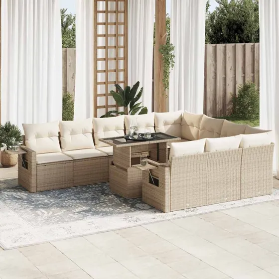 vidaXL 11-delssofasæt med hynder, polyrattan beige
