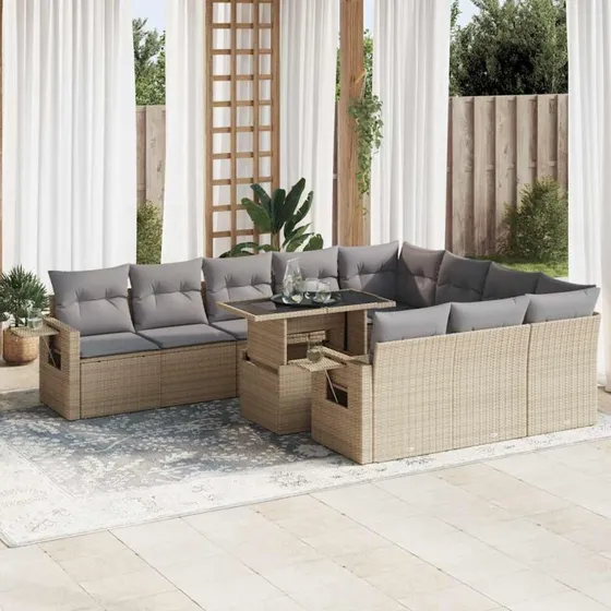 vidaXL 11-delssofasæt med hynder i polyrattan beige
