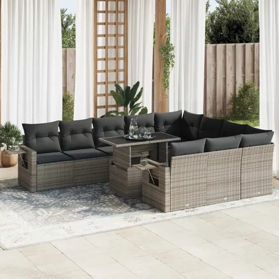 vidaXL 11-delssæt med hynder i polyrattan grå