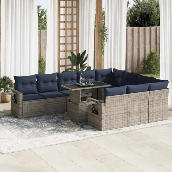 vidaXL 11-deles loungesæt med hynder, polyrattan akacietræ, grå