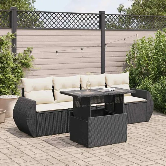vidaXL 5-delssofasæt med hynder, polyrattan, sort