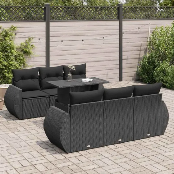 vidaXL 7-delssofasæt med hynder, polyrattan, sort
