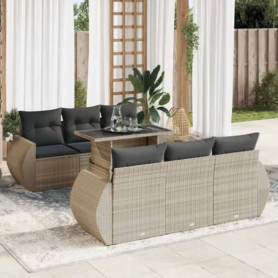 vidaXL 7-delssofasæt med hynder, lysegrå, polyrattan