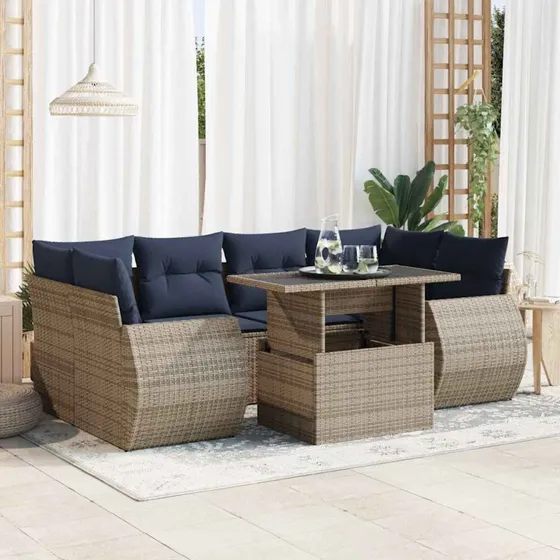 vidaXL 7-delsofaesæt med hynder i grå polyrattan og akacietræ