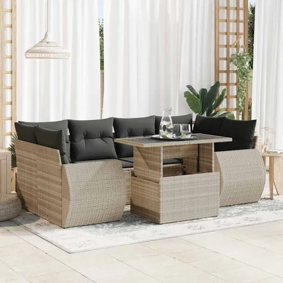 vidaXL 7-delssofasæt med hynder, polyrattan lysegrå
