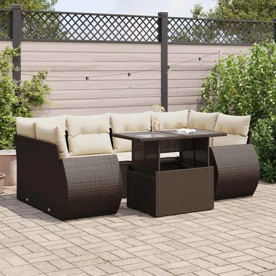 vidaXL 7-delssofasæt med hynder, polyrattan brun