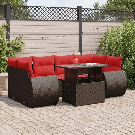 vidaXL 7-delssofasæt med hynder, polyrattan akacietræ brun