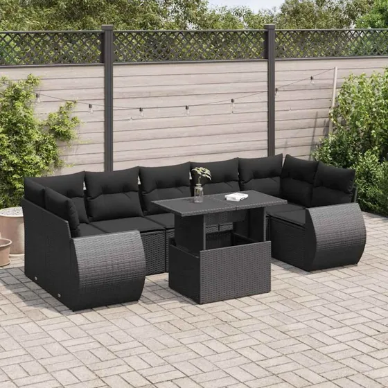 vidaXL 8-delssofasæt med hynder, polyrattan, sort