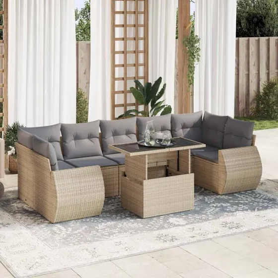 vidaXL 8-delssofasæt med hynder i polyrattan, beige