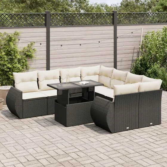 vidaXL 9-delers havemøbelssæt med hynder i sort polyrattan