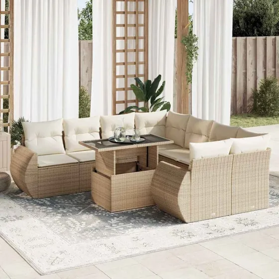 vidaXL 9-delers havemøbelssæt med hynder i polyrattan beige