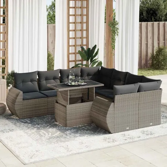 vidaXL 9-delssofasæt med hynder i grå polyrattan