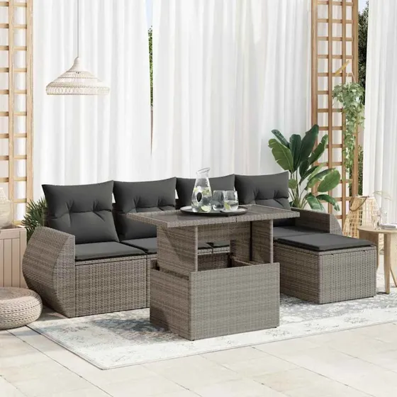 vidaXL 6-delssofasæt med hynder, polyrattan grå