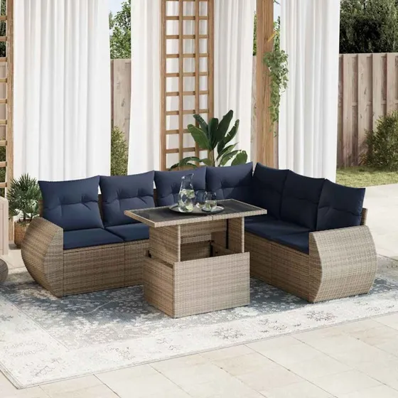 vidaXL 7-delsofaesæt med hynder i polyrattan og akacietræ, grå