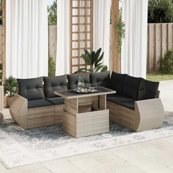 vidaXL 7-delssofasæt med hynder, polyrattan lysegrå