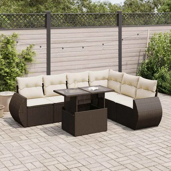 vidaXL 7-delssofasæt med hynder polyrattan brun