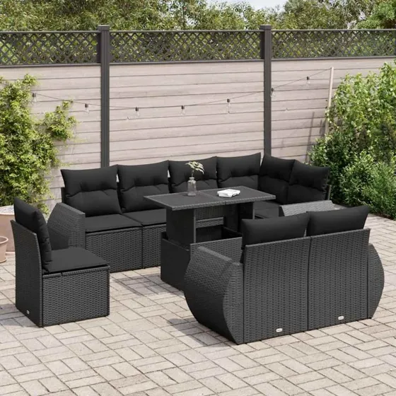 vidaXL 9-deles polyrattan havesofasæt med hynder, sort