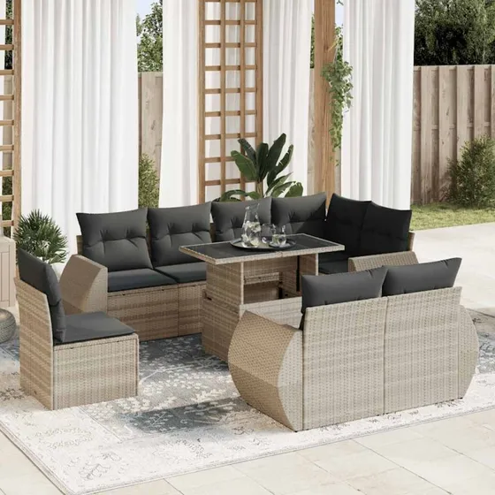 vidaXL 9-deles polyrattan havesofasæt lysegrå med hynder og opbevaring