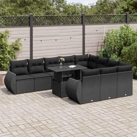 vidaXL 11-delssofasæt med hynder i polyrattan, sort