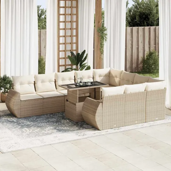 vidaXL 11-delssofasæt med hynder, polyrattan beige