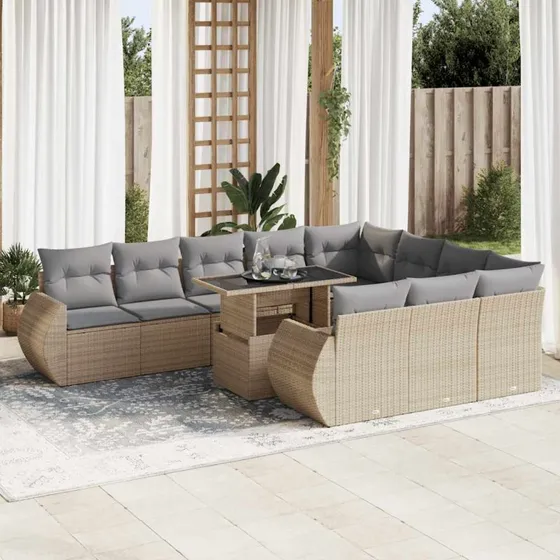 vidaXL 11-delssofasæt med hynder i polyrattan beige