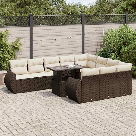 vidaXL 11-delssæt med hynder i polyrattan brun