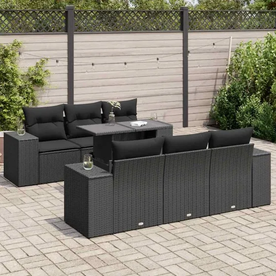 vidaXL 7-delssofasæt med hynder, polyrattan sort