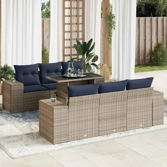 vidaXL 7-delsofesæt med hynder i grå polyrattan og akacietræ