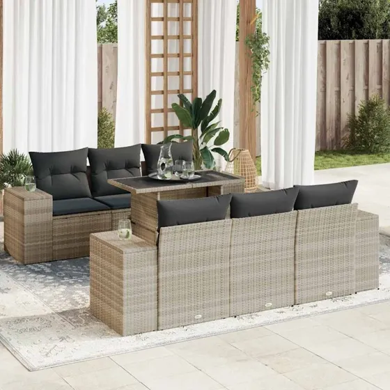 vidaXL 7-deles polyrattan sofasæt lysegrå med hynder