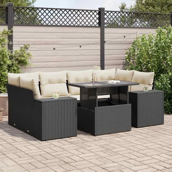 vidaXL 7-deles havesofasæt med hynder, polyrattan sort